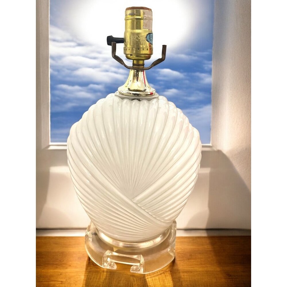 Vintage White Revival Glass Table Lamp With Brass Fittings & Clear Acrylic Base